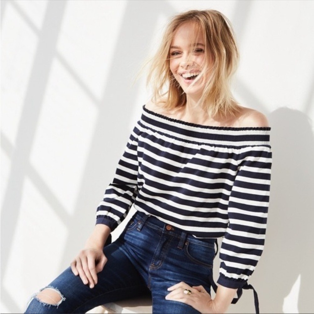 J.Crew Womens XS Navy White Striped Off The Shoulder Tie Sleeve Cotton Top